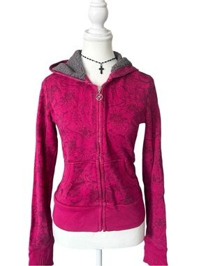 Y2K “Kismet” Pink Floral & Fleur de Lis Graphic Zip-up Hoodie